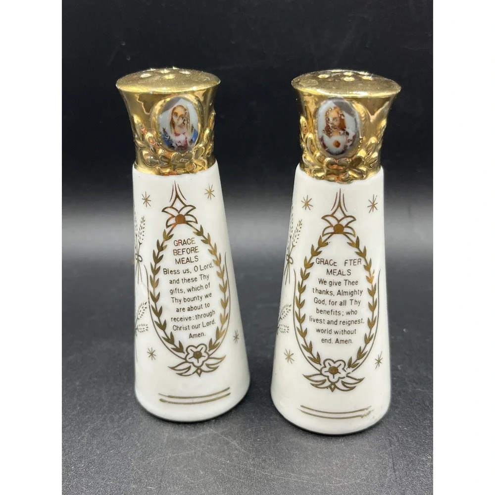 Vtg Blessing Grace Prayer White Gold Ceramic Salt‎ & Pepper Shakers 4